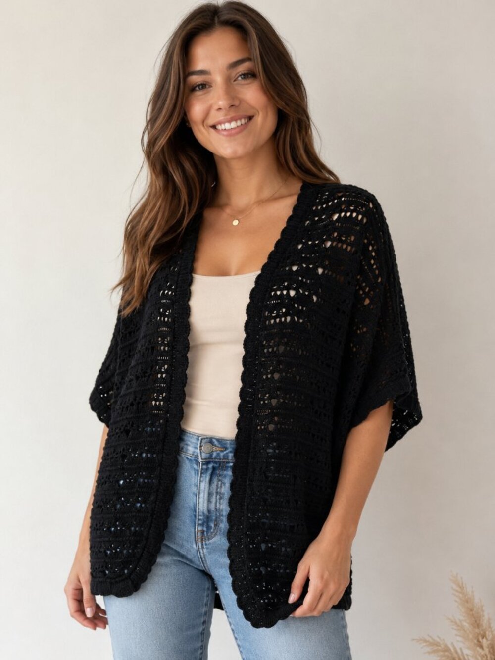 a.n.a Black Crochet Open Front Cardigan Petite Medium Dolman Sleeve